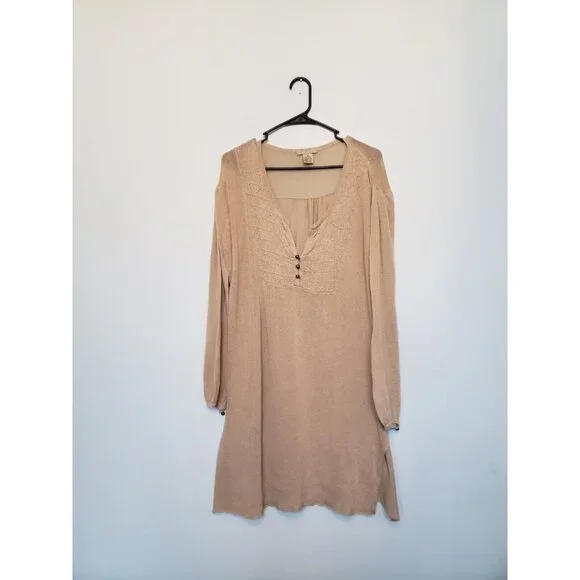 Relais Women XL Sweater Tan Linen Cotton Lightweight Long Button Neck Semi Sheer - Picture 1 of 6